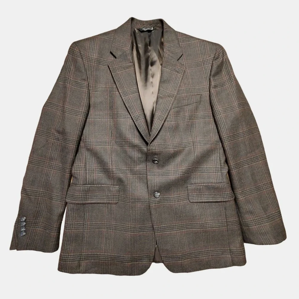 Jos. A. Bank Mens Dark Brown Plaid 100% Wool Sport Coat Jacket Size 42 R‎